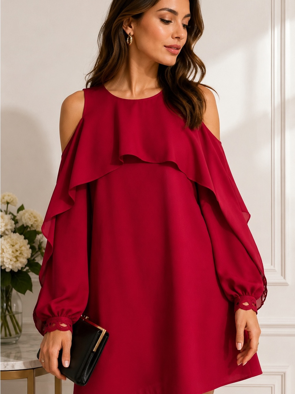 Saks Fifth Avenue Burgundy Cold Shoulder Cape Ruffle Dress – Size Medium